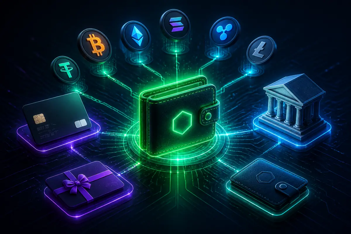 Crypto, card, bank, gift-card and external-wallet funding routes
