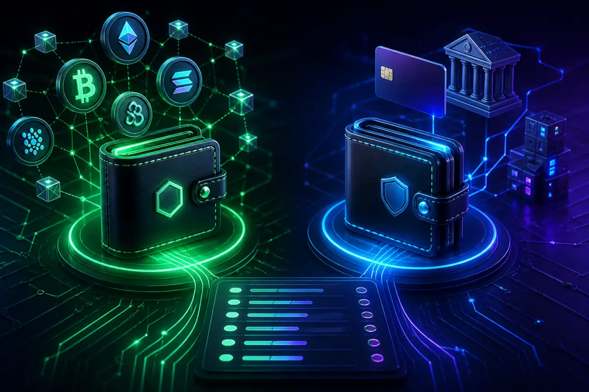 Separate crypto and fiat wallets connected to transaction history